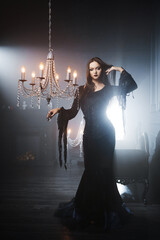 Gothic fashion portrait showing a femme fatale in black godet dress with corset, featuring long straight hair, dark makeup, and set in an opulent dark interior.