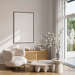Modern Living Room Poster Frame Mockup with Natural Light and Minimalist Decoration. 3D render.