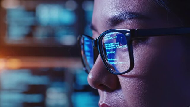 Closeup of a person wearing glasses with code on the lenses in a dark room
