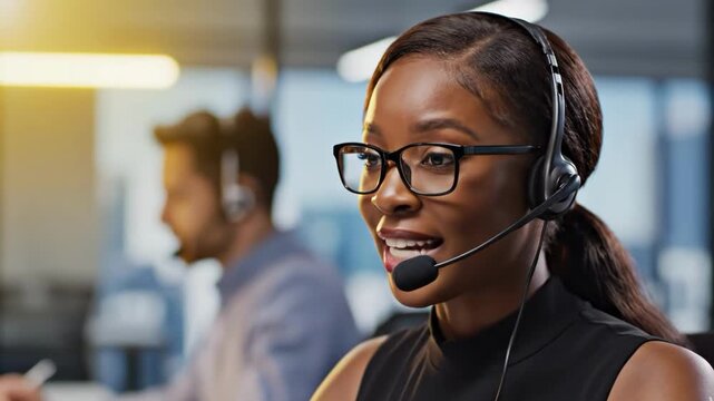 Customer support representative wearing a headset in a busy office