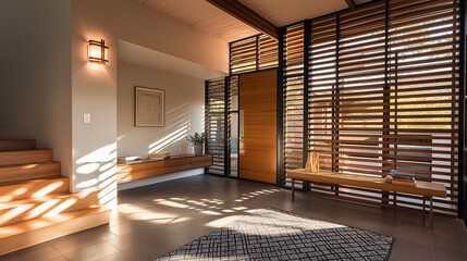 Mid-Century Modern Foyer with Sleek Open Shelving and Clean Architectural Lines