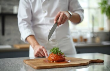 Chef presents finished dish on wooden board. Professional cook garnishes food with green herbs in modern kitchen. Culinary expert demonstrates gourmet food preparation technique.
