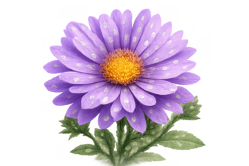 Purple daisy flower watercolor illustration with yellow center and green leaves, delicate spring botany artwork with transparent background