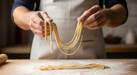 A close-up view of a skilled chef's hands delicately presenting freshly made pasta, embodying the art of Italian culinary tradition.