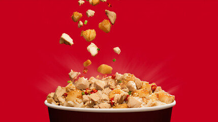Chicken pieces and vegetables fall into a bowl of rice on a vibrant red background, showcasing dynamic Asian food presentation.
