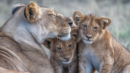 A lioness gently nuzzles her cubs in a close-up wildlife portrait symbolizing family, care, and protection.