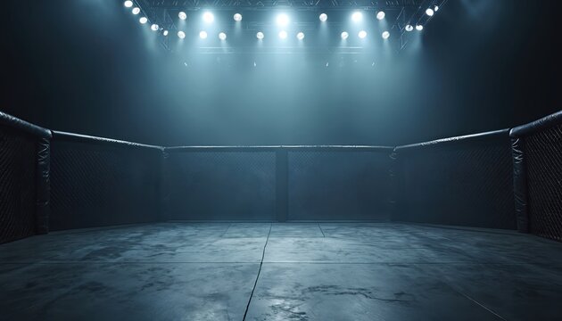 Empty MMA octagon cage under spotlights in dark arena. Fog surrounds the battle space. Steel mesh walls and concrete floor await fighters for intense combat.