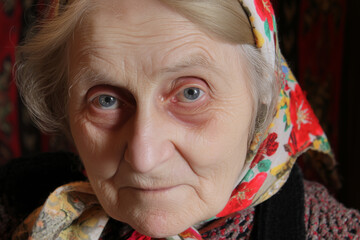 Close-up portrait of an elderly woman wearing a colorful headscarf, highlighting age, wisdom, emotion, and human character.