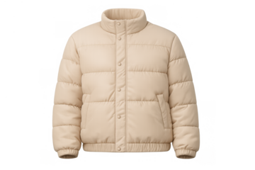Beige puffer jacket, quilted and padded, offering warmth and style for winter. Modern casual outerwear for cold weather
