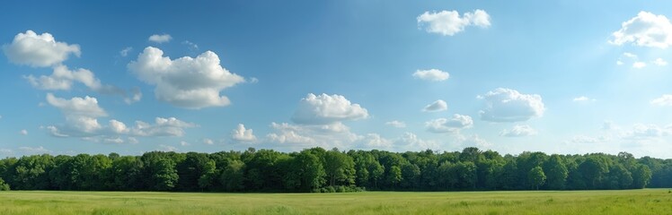 Green meadow with tall grass stretches towards a dense forest line under a blue sky with white clouds. The sun shines brightly, casting light rays through the sky. Nature scene.