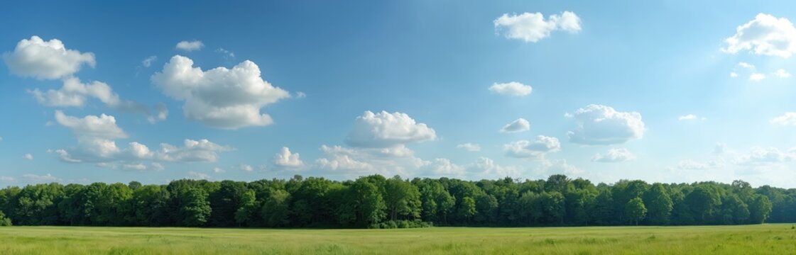 Green meadow with tall grass stretches towards a dense forest line under a blue sky with white clouds. The sun shines brightly, casting light rays through the sky. Nature scene.