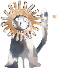 Funny cat illustration. The cat wears a lion's mane made of brown crayon strokes, creating a playful appearance.