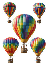 Fototapeta premium Five highly detailed hot air balloons (aerostats) with vibrant rainbow geometric patterns and wicker baskets floating in a crisp, shadowless white studio against copy space. Concept of optimistic