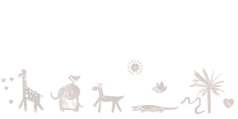 Stylized animal illustrations in a minimalist design. Features a giraffe, elephant, zebra, bird, crocodile, and a snake, with a sun and palm tree.