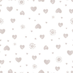 Heart shapes and sun seamless pattern. Hand drawn romantic pattern.