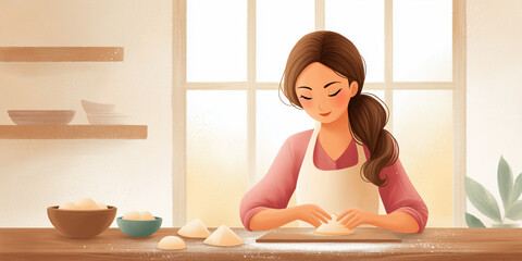 Baking woman preparing dough in cozy kitchen with bowls and soft sunlight. Baking process includes kneading dough on wooden surface, surrounded by bowls of ingredients.
