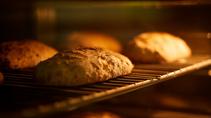 Freshly baked artisan bread loaves rising on an oven rack under warm light, highlighting homemade baking and rustic food preparation.