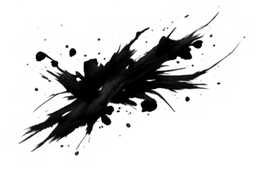Black ink splash forming an abstract messy paint stroke with dripping dots on isolated transparent background