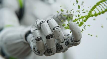 Robotic hand is skillfully manipulating vibrant green particles, showcasing advanced technology and precision in a futuristic environment