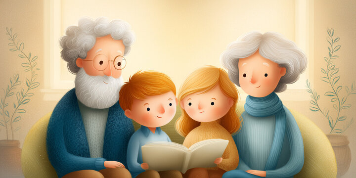 Family reading together with grandparents sharing storybook moments, enjoying quality time and creating memories in cozy living room setting. Family moments enrich bonds and nurture connections.