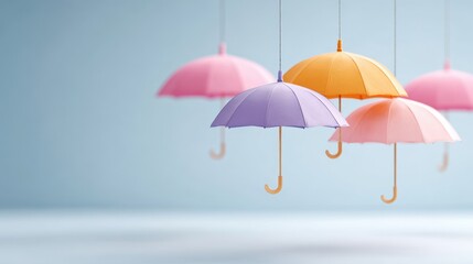 Colorful hanging umbrellas in pastel shades create a whimsical atmosphere, adding charm and playfulness to any design project or decor theme