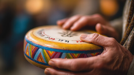 Colorful hand drum held with care by musician in vibrant setting. Hand drum features intricate patterns and lively colors that enhance the musical atmosphere.