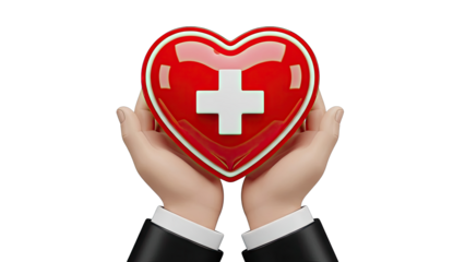 Hands holding a red heart with a white cross