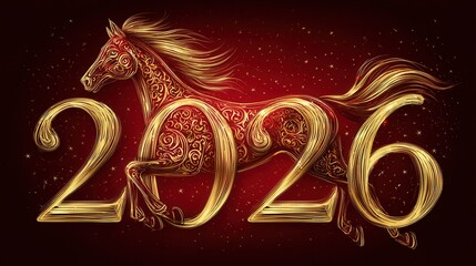 2026 Year of the Horse, kintsugi, golden calligraphic brush strokes forming the numbers "2026", galloping horse, Chinese New Yea, red and gold, red background  