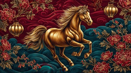 A luxurious Chinese New Year a galloping golden horse surrounded by red clouds, traditional lanterns, and plum blossoms.  2026 year of the horse