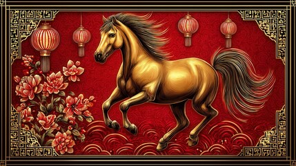 A luxurious Chinese New Year a galloping golden horse surrounded by red clouds, traditional lanterns, and plum blossoms.  2026 year of the horse