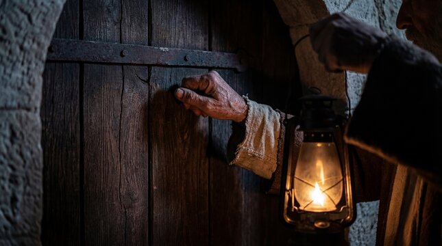 Elderly biblical man knocking on ancient wooden door holding lantern. Nativity story of Joseph seeking shelter for holy family. Christmas journey to Bethlehem and birth of Christ concept.