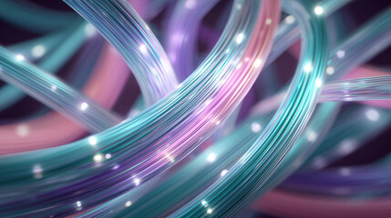 3D Render Of Glowing Fiber Optic Cables Intertwined Emitting 