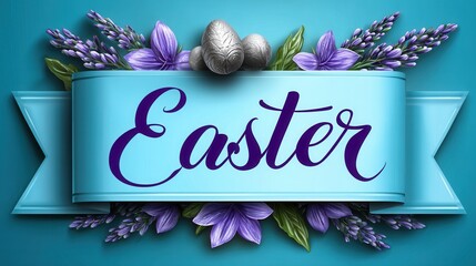 corner ribbon banner in pink with yellow text "Easter" in the middle of the banner