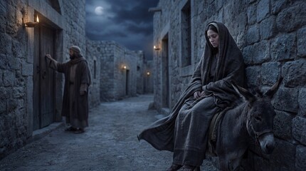 Woman riding donkey led by man through narrow ancient stone street at night under moonlit sky. Biblical holy family journey to Bethlehem for Christmas nativity story. Religious scene of Mary and