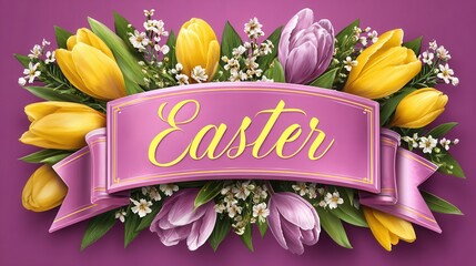 corner ribbon banner in pink with yellow text "Easter" in the middle of the banner