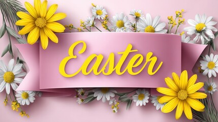 corner ribbon banner in pink with yellow text "Easter" in the middle of the banner