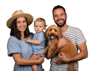 Radiant family of three + fluffy pup beam in joyful harmony against black. Mom in straw hat, dad cradling dog, toddler sweetly gazing &mdash; all in soft blues. Love, laughter, pets, and togetherness shine 