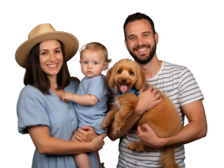 Radiant family of three + fluffy pup beam in joyful harmony against black. Mom in straw hat, dad cradling dog, toddler sweetly gazing — all in soft blues. Love, laughter, pets, and togetherness shine 