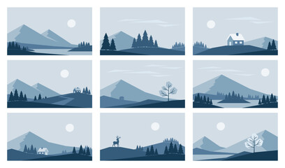 Set of minimalistic winter landscapes. Mountains vector illustrations in blue colors