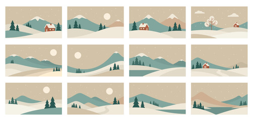 Minimalistic winter landscape set. Vector illustrations in Scandinavian style