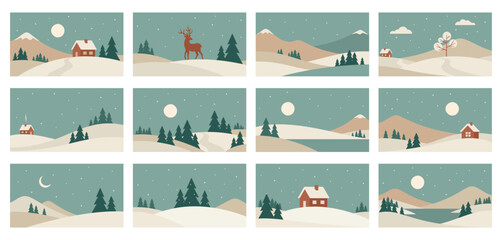 Minimalistic winter night landscape set. Vector illustrations in Scandinavian style