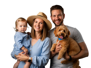 Radiant family of three + fluffy pup beam in joyful harmony against black. Mom in straw hat, dad cradling dog, toddler sweetly gazing &mdash; all in soft blues. Love, laughter, pets, and togetherness shine 