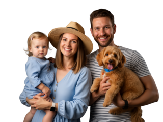 Radiant family of three + fluffy pup beam in joyful harmony against black. Mom in straw hat, dad cradling dog, toddler sweetly gazing — all in soft blues. Love, laughter, pets, and togetherness shine 