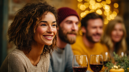 Friends gathering for Christmas celebration with joyful smiles, sharing moments by festive table adorned with wine glasses. Christmas party atmosphere brings warmth and connection to friends.