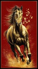 a galloping horse, metallic gold brush strokes, powerful and graceful, mane and tail swinging in dynamic motion. year of the horse, 2026