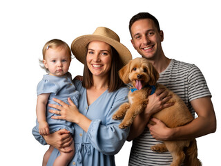 Radiant family of three + fluffy pup beam in joyful harmony against black. Mom in straw hat, dad cradling dog, toddler sweetly gazing &mdash; all in soft blues. Love, laughter, pets, and togetherness shine 