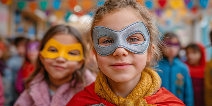 Children in superhero costumes celebrating at party with colorful decorations, showing joyful smiles and excitement. Kids enjoy creative playtime with costumes and masks at fun birthday celebration. - Powered by Adobe