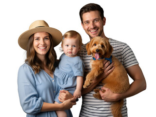 Radiant family of three + fluffy pup beam in joyful harmony against black. Mom in straw hat, dad cradling dog, toddler sweetly gazing &mdash; all in soft blues. Love, laughter, pets, and togetherness shine 