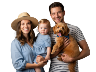 Radiant family of three + fluffy pup beam in joyful harmony against black. Mom in straw hat, dad cradling dog, toddler sweetly gazing — all in soft blues. Love, laughter, pets, and togetherness shine 