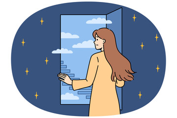 Woman experiences fear of future seeing at bright staircase in sky and is afraid to come out of darkness. Indecisive young girl needs ambition and motivation to overcome fear of future.